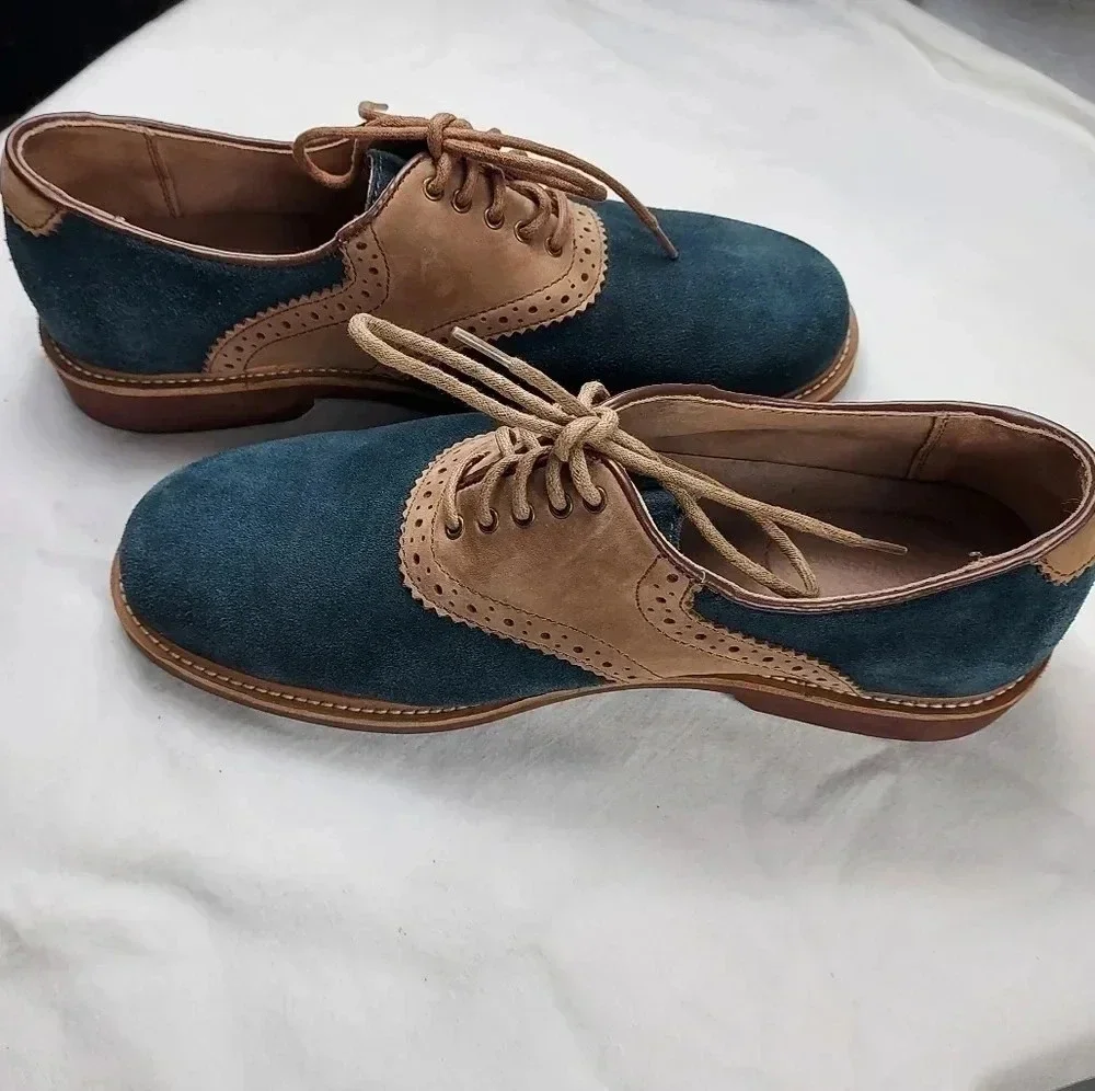 Land's End Mens Tan Leather and Blue Suede Lace Shoes Size 9